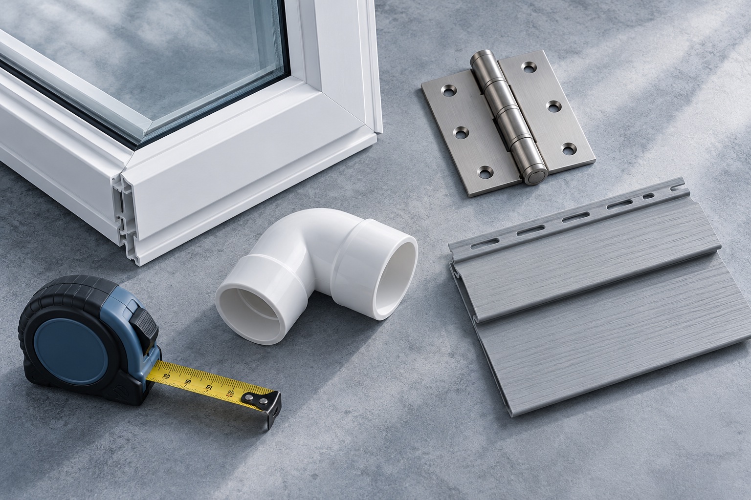 Illustrative study of a window frame, hinge, plumbing elbow, siding sample and tape measure